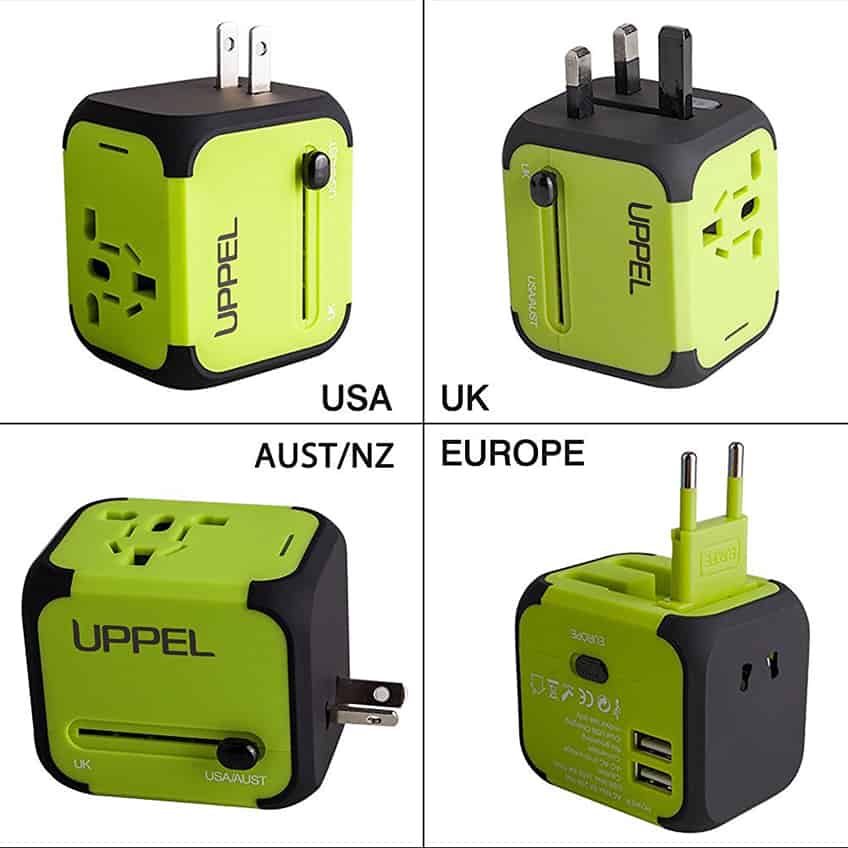 Travel Adapter Uppel All-in-one Worldwide Travel Adapter for US EU UK AU about 150 countries Wall Universal Power Plug Adapter Charger with Dual USB and Safety Fuse(Green)